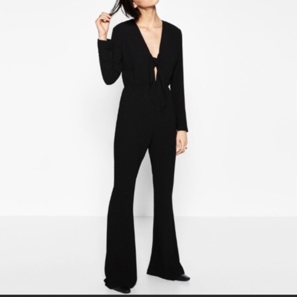 Zara sz M tie front jumpsuit longsleeve black NWT